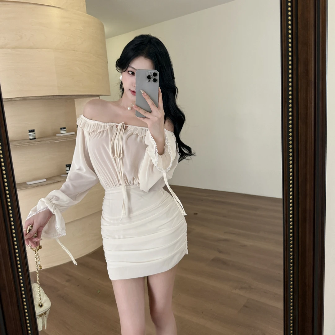 KaDaiShan 纯欲风一字肩裙子长袖连衣裙富家千金气质收腰辣妹短裙