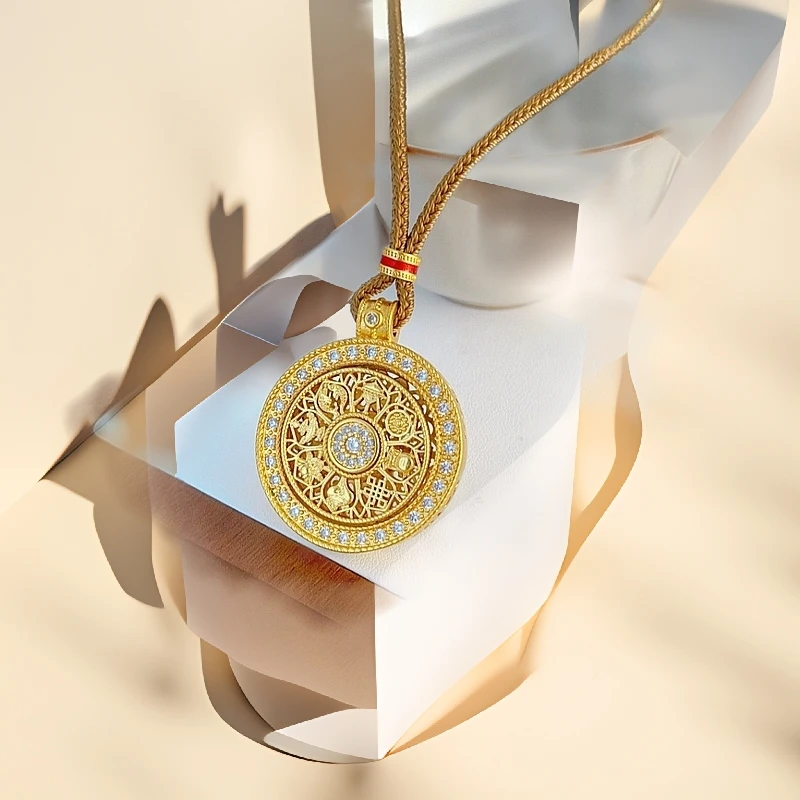 铜合金锆石手链 铜合金锆石打造旋转八宝罗盘轻奢镶嵌项链手链