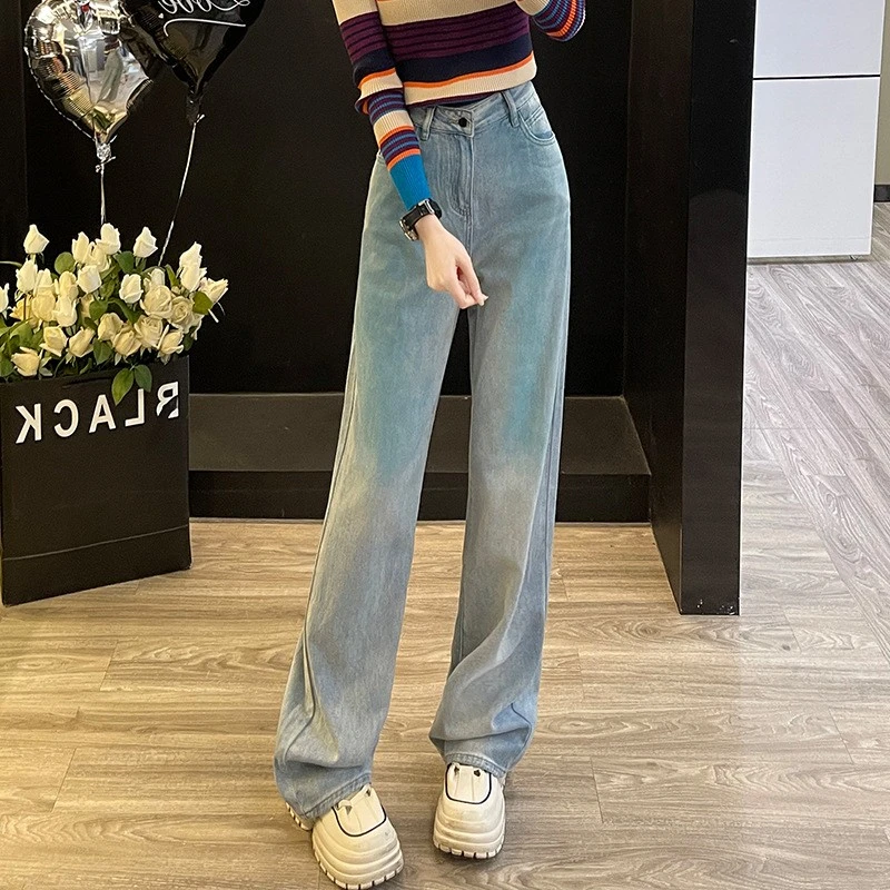 2025新款春秋直筒渐变复古高腰显瘦百搭牛仔夏季阔腿裤女牛仔裤