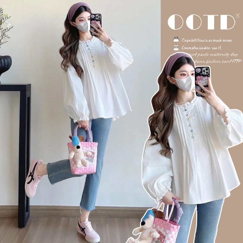 孕妇白色衬衣春季新款韩版洋气遮肚不显怀宽松娃娃衫衬衣孕妇内搭