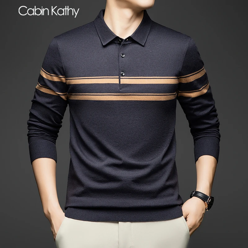 ck正品秋冬中年男装羊毛条纹透气长袖针织衫男士翻领桑蚕丝Polo衫