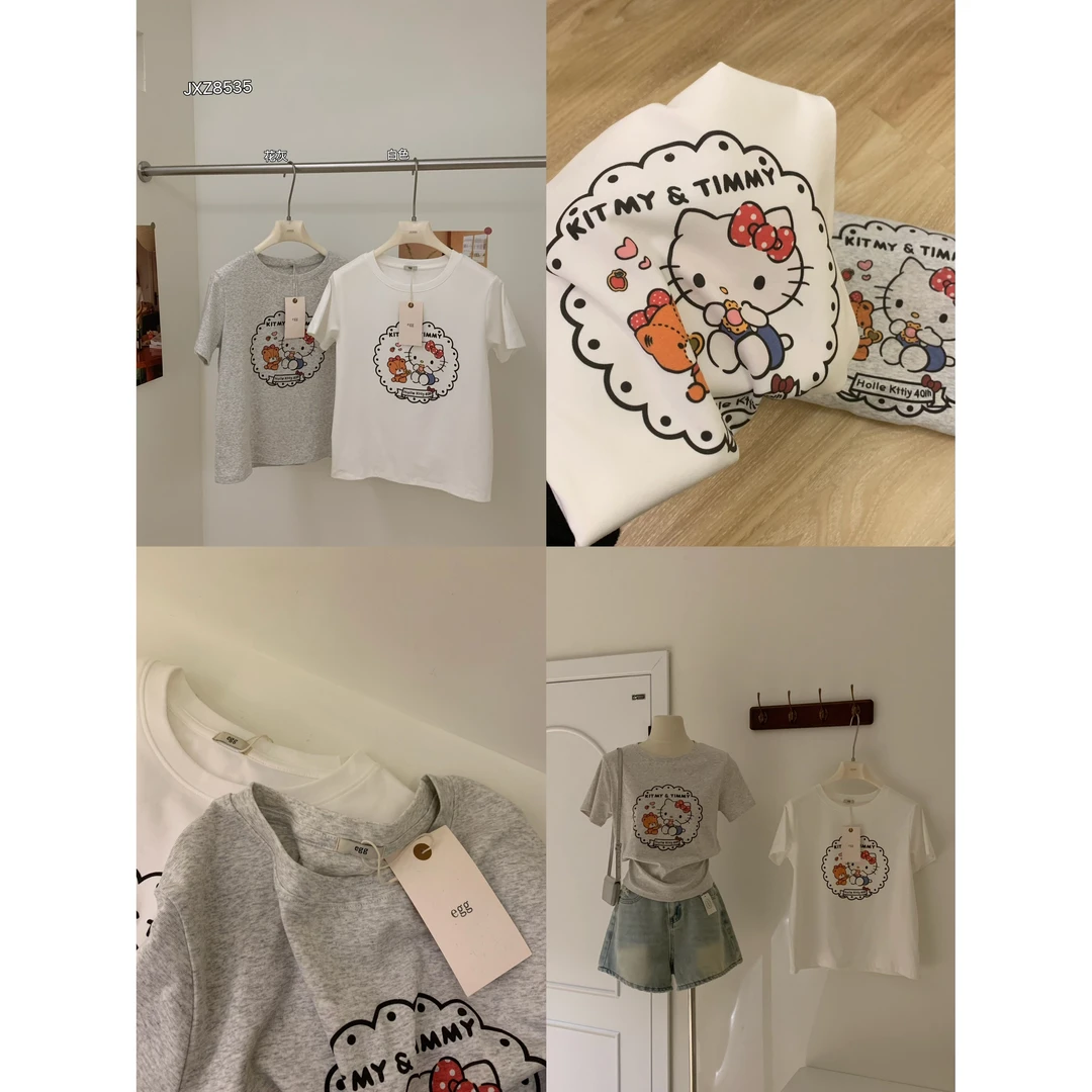 8535#反复爱上KT~甜美休闲简约百搭宽松短袖上衣