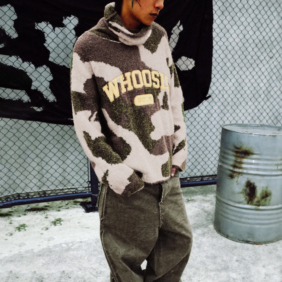 WHOOSIS（不知其名）迷彩堆领贴布绣毛衣高领秋冬宽松男女保暖加厚