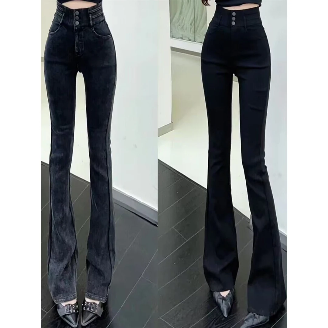 卡卡女装官方正品高腰弹力三排扣小黑裤收腹提臀小脚裤牛仔微喇裤