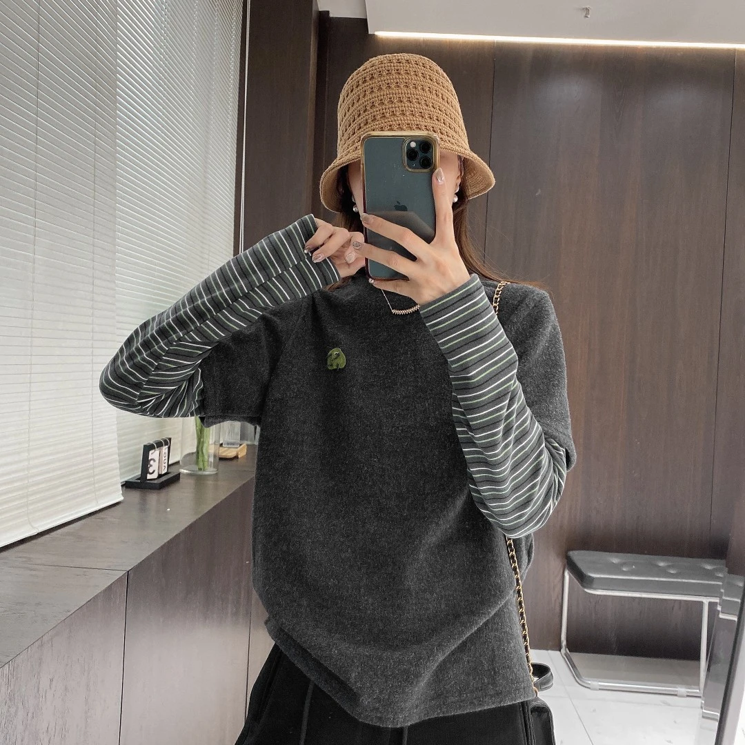 IMFLY金小金自制女装 假两件T恤DYW8653条纹长袖洋气休闲装上衣