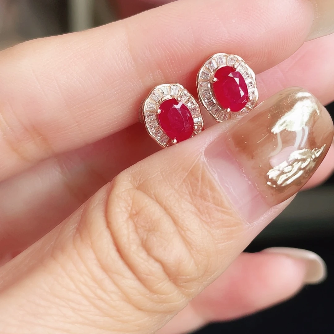 红宝石耳饰银S925镶嵌