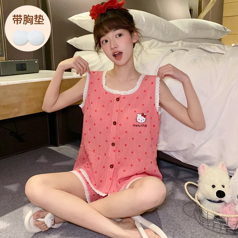 带胸垫睡衣女夏季吊带背心棉纱布可爱025新款家居服爆款套装小猫