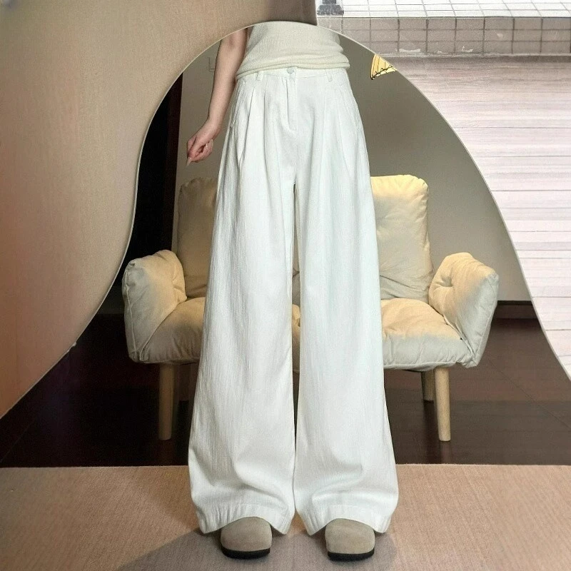 大码白色垂感阔腿牛仔裤女夏季胖mm高腰显瘦收腰宽松休闲直筒阔腿