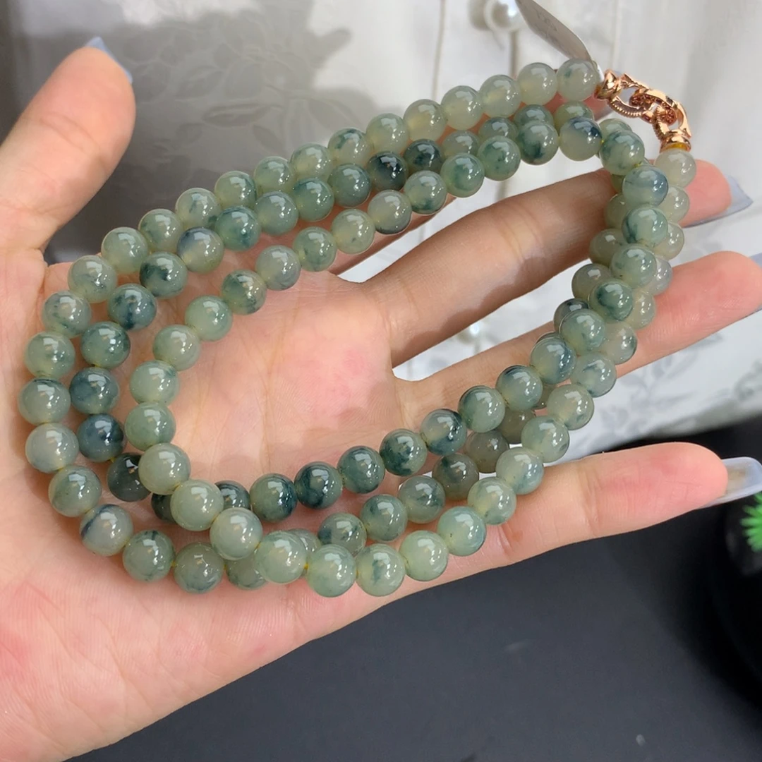 翡翠未镶嵌手串卡6.9冰胶黄翡飘蓝花项链