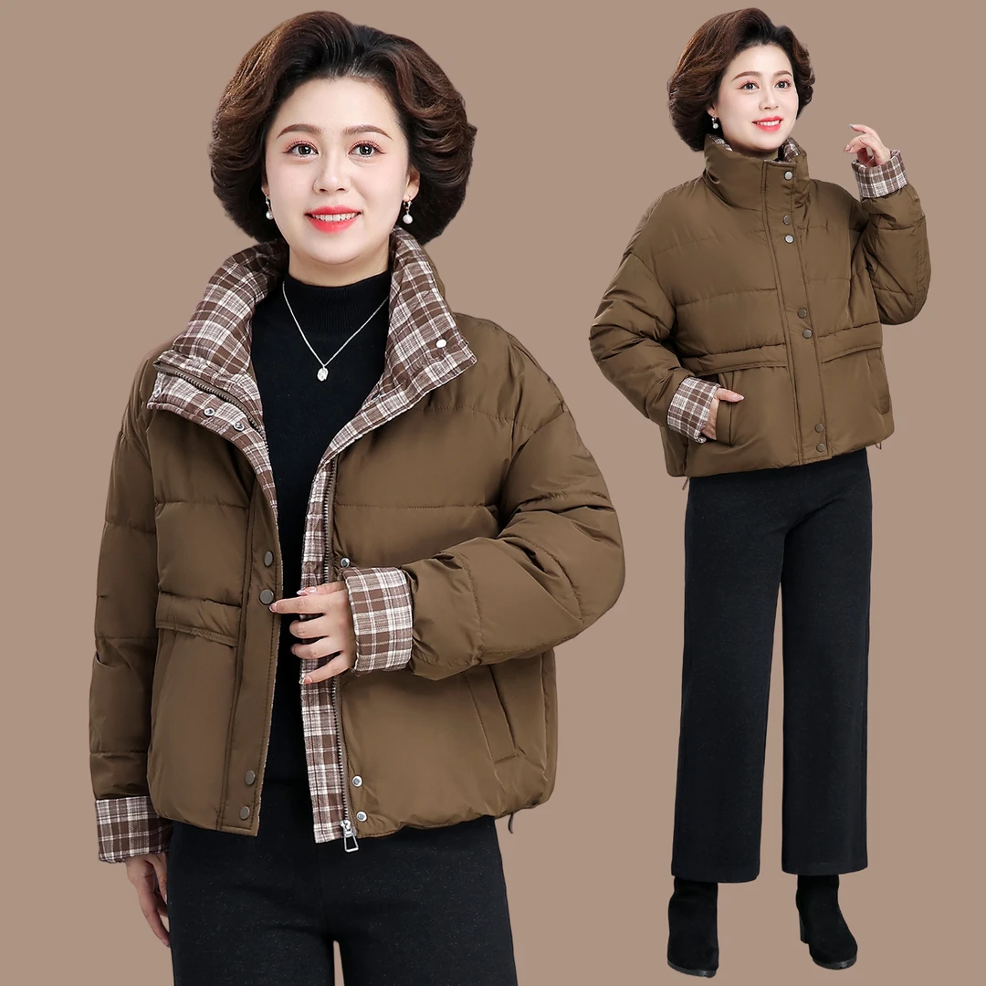 拼接宽松型短款妈妈装加厚休闲冬季插肩袖立领