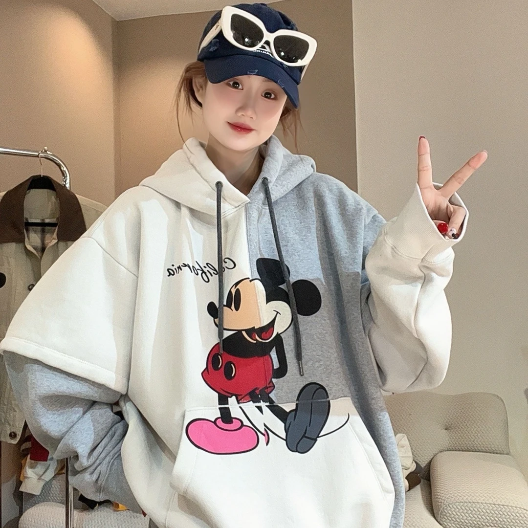 【FANG方方】2024新款韩版东大门加绒拼色卡通印花连帽长袖卫衣