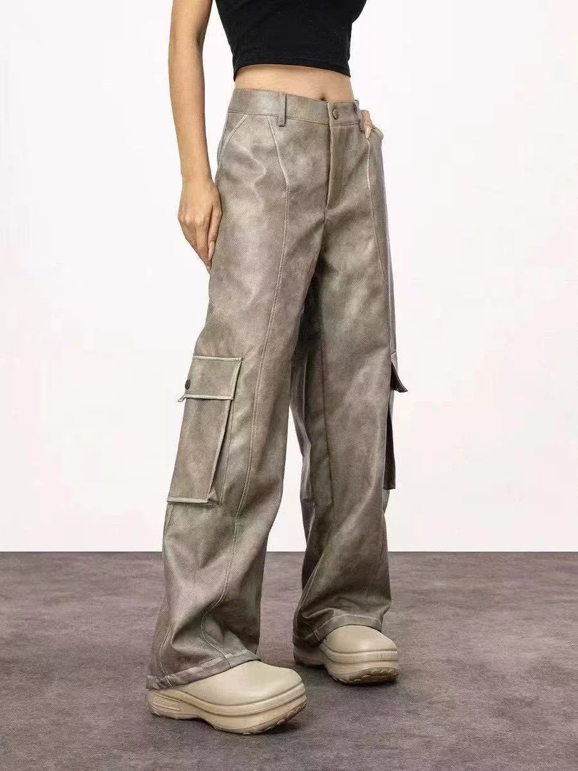 复古工装PU皮裤7536