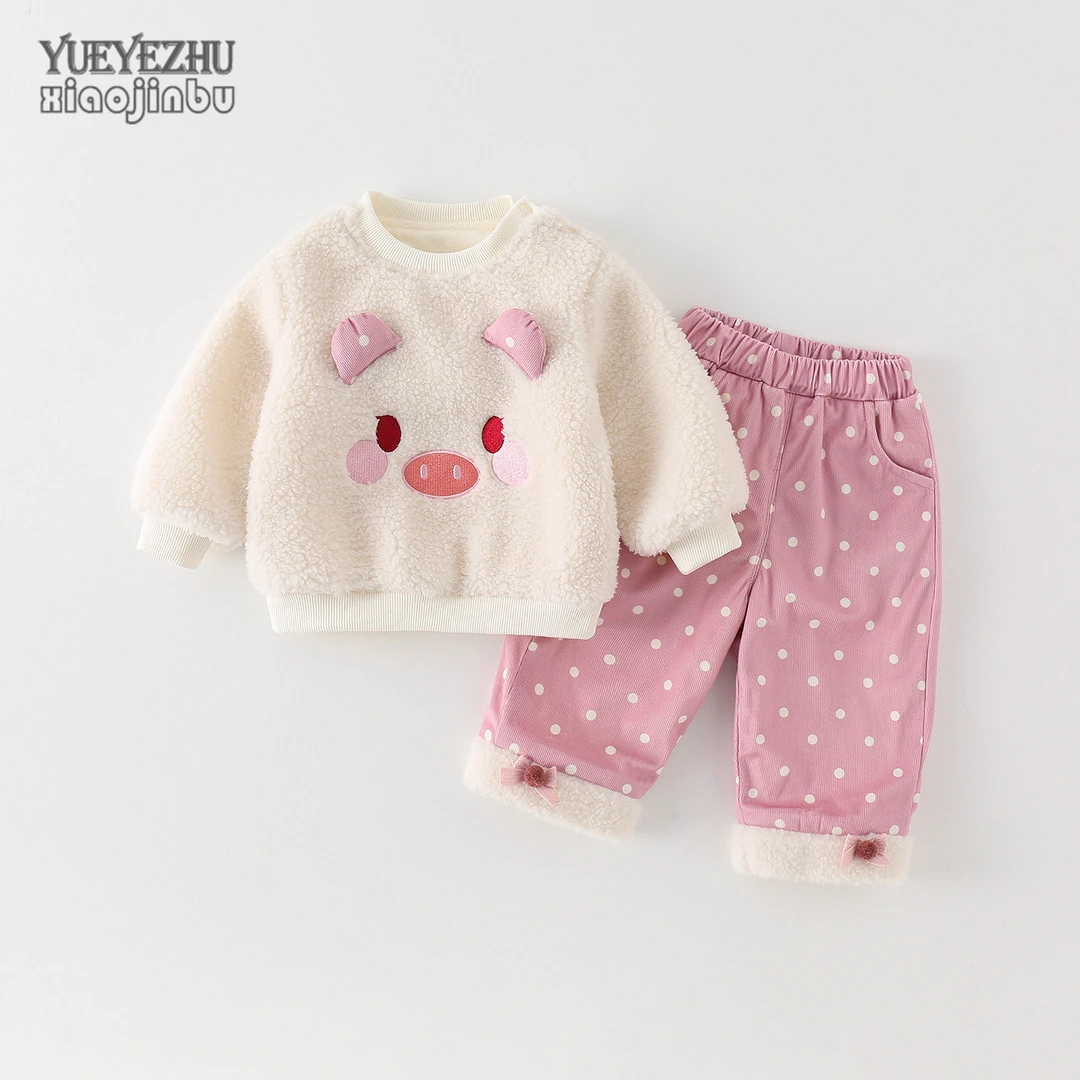 婴儿卡通套装秋冬加绒保暖女宝宝衣服初冬韩版可爱小童毛绒两件套