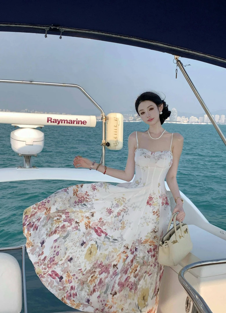 【雅乔定制】诺曼花园 轻奢高档大摆印花吊带连衣裙DYLL-24126661