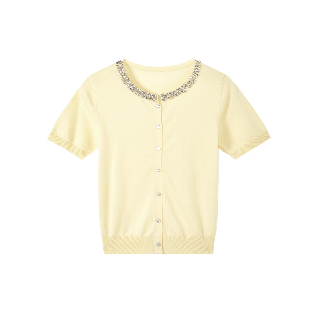 圆领针织纯色亮钻女士短袖开衫-7301