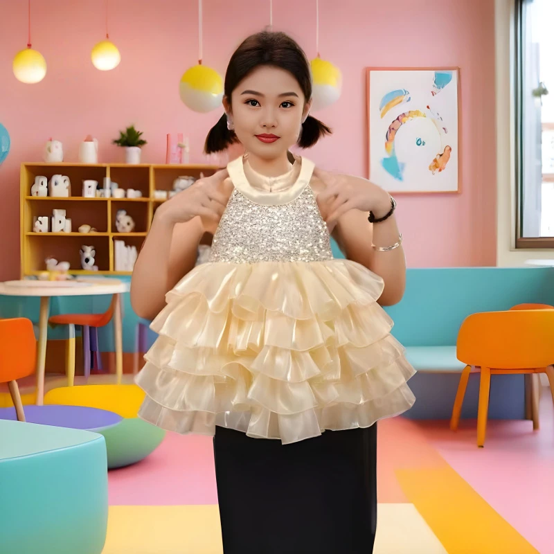 2025新款夏季女童米色亮片连衣裙甜美公主风百搭礼服裙儿童节演出