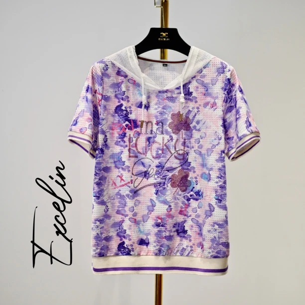 【紫调水彩夏季冰丝速干帽衫】透气舒适短袖穿搭显瘦女士T恤减龄