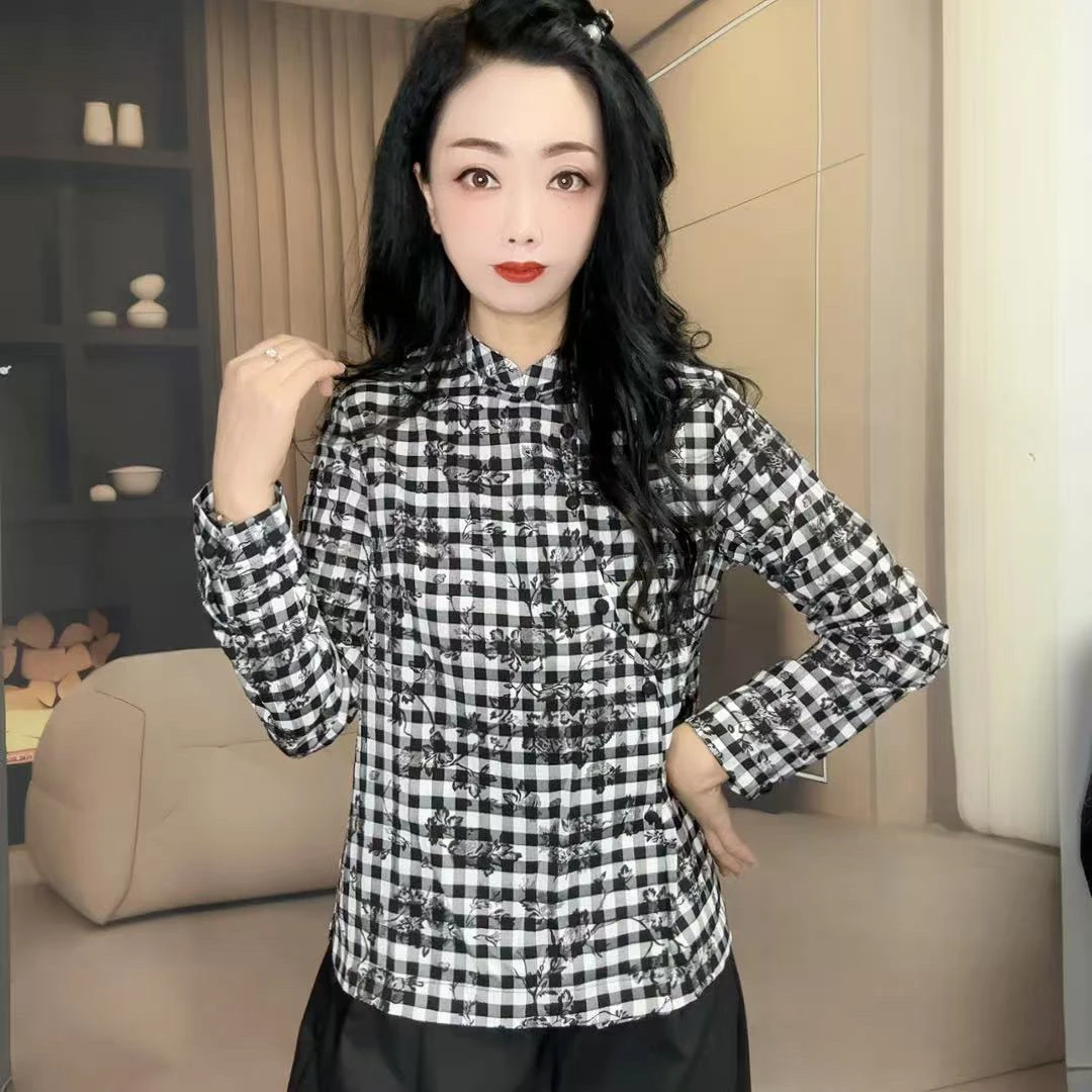 k5268秋季新款新中式国风时尚百搭减龄显瘦舒适透气黑白格衬衫