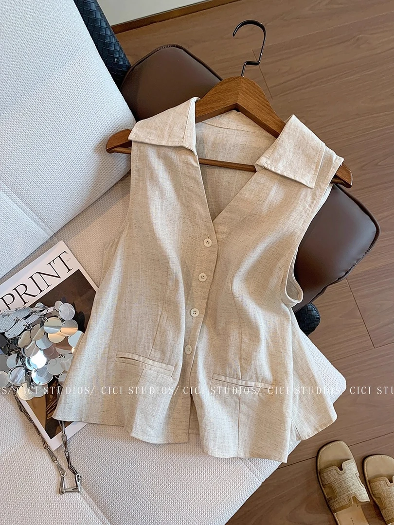 老钱风无袖V领亚麻背心上衣女2025夏季新款简约时尚气质显瘦衬衫