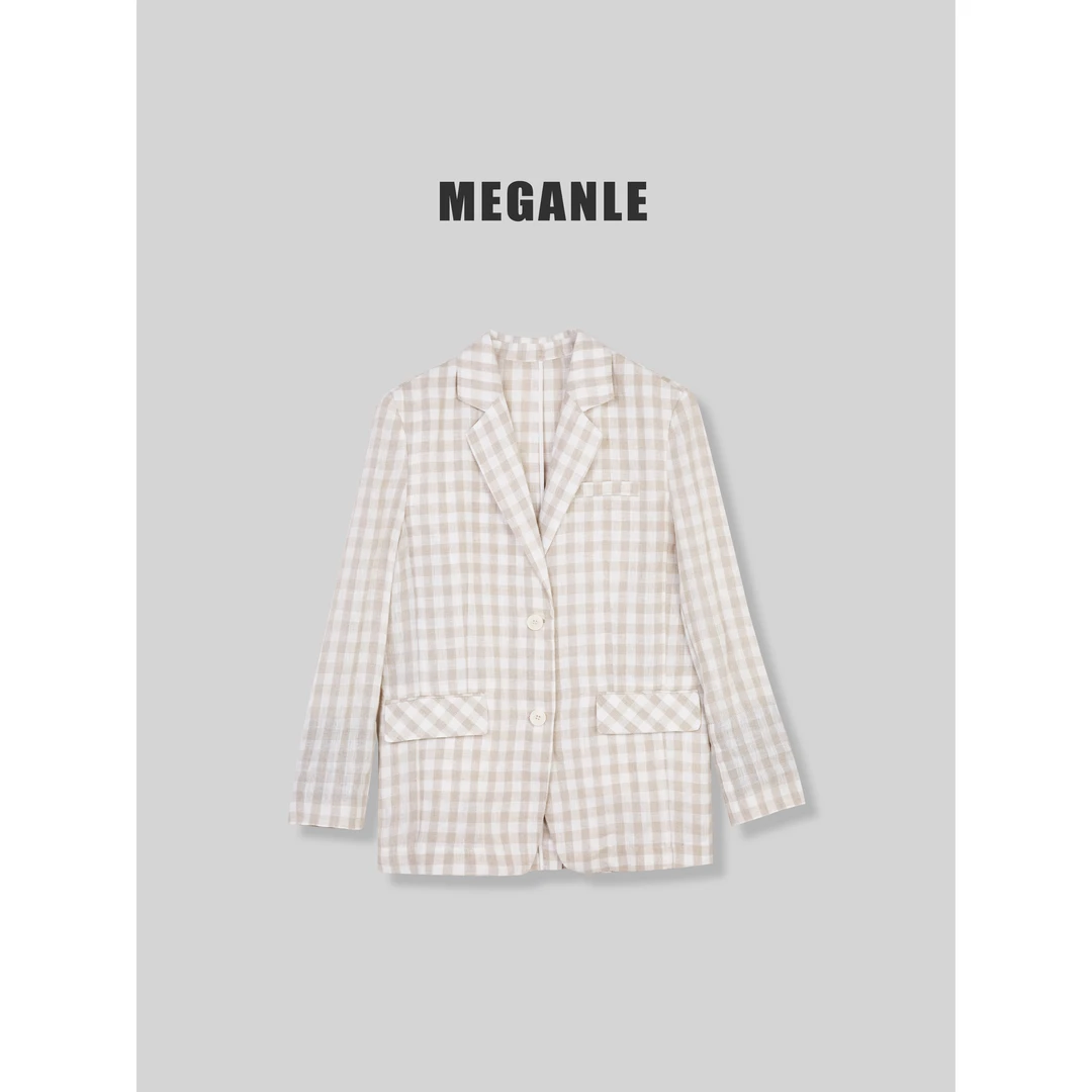 【奶咖亚麻】MEGANLE-25/早春新款 100亚麻轻盈格纹西装外套2024181