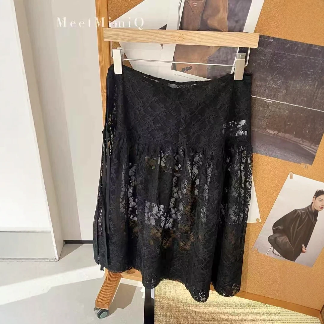 现货【M/Q绑带网纱屁帘裙】2025秋新品百搭蕾丝拼接透视半身裙