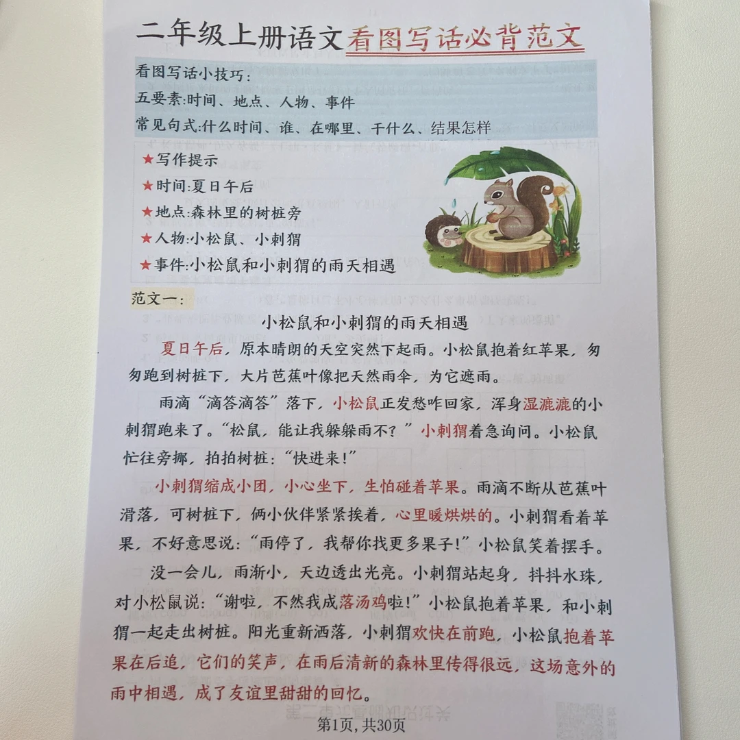 2025秋季新版二年级上册语文看图写话必背范文30 篇