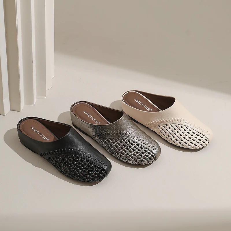 AMEINOR2025夏季新款圆头侧编织镂空拼接女士真皮包头拖鞋
