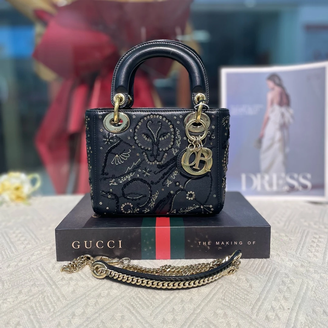 95新 DIOR/迪奥 黑色三格戴妃亮片限量款单肩包16143672