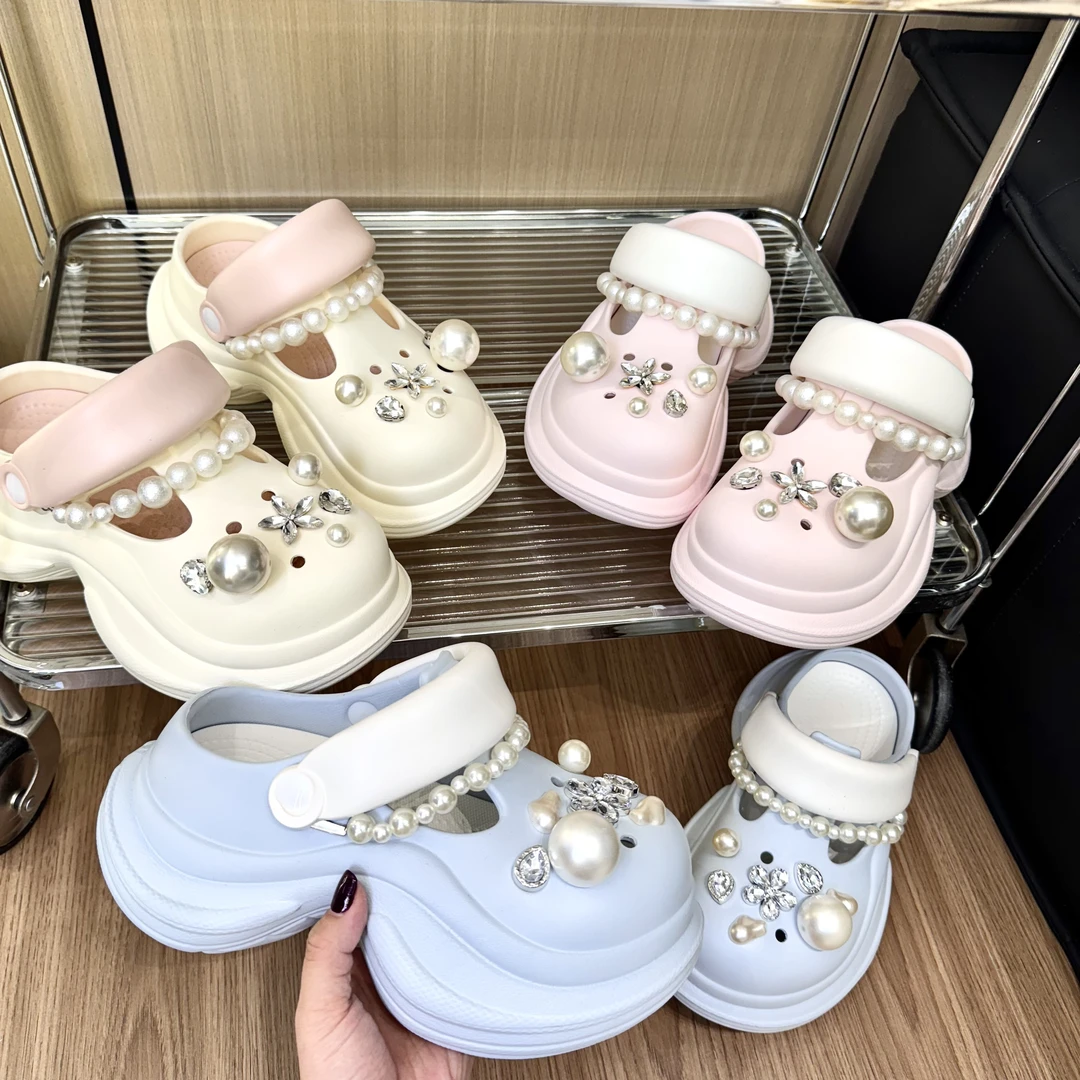 2025新款夏外女珍珠链松糕底洞洞鞋网红时尚百搭厚底防滑洞洞鞋女