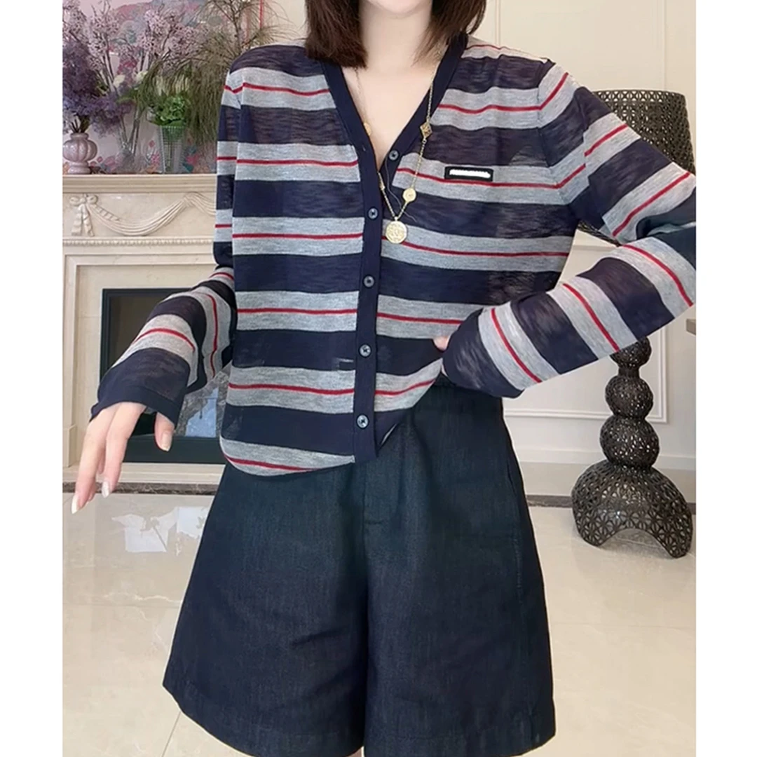 撞色条纹V领长袖针织开衫女2025早秋季新款薄款防晒外搭显瘦上衣