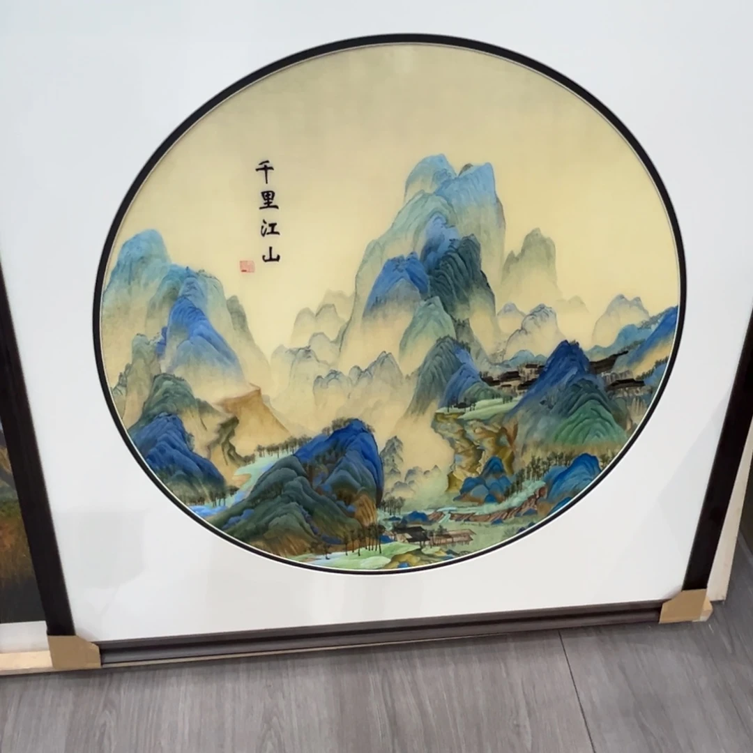 刺绣山水画心80*80成品玄关装饰画