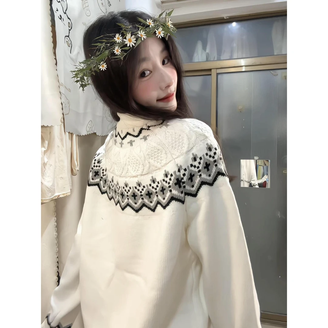 美式复古费尔岛提花针织开衫女款秋冬季慵懒风高级感白色毛衣外套