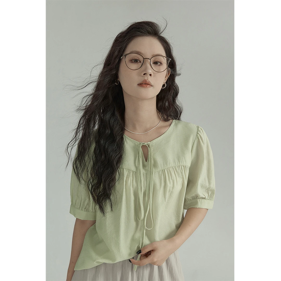 衬衫女2025年夏季新款小众设计感百搭系带气质衬衣NT0125