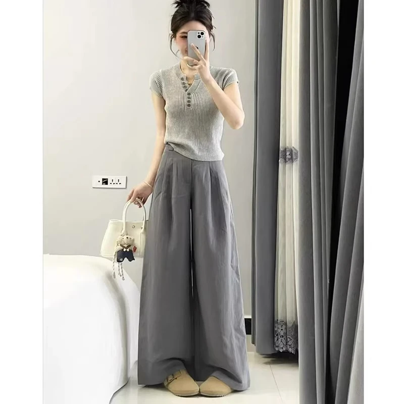 2025初夏搭配一整套大码胖mm复古显瘦v领针织短袖上衣阔腿裤套装