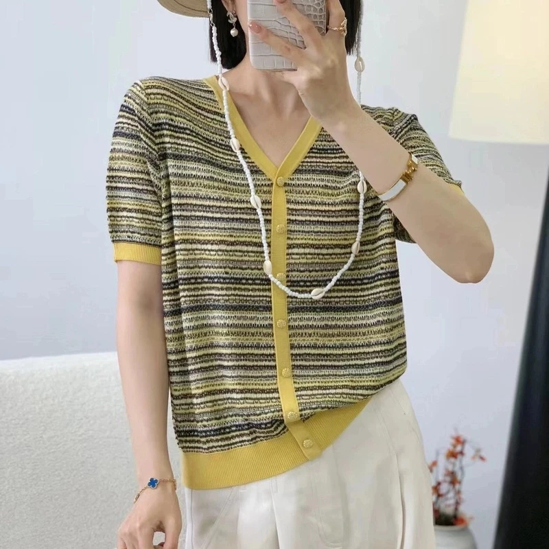 遮肉减龄针织开衫短袖衫针织衫上衣女时尚条纹夏季百搭休闲洋气