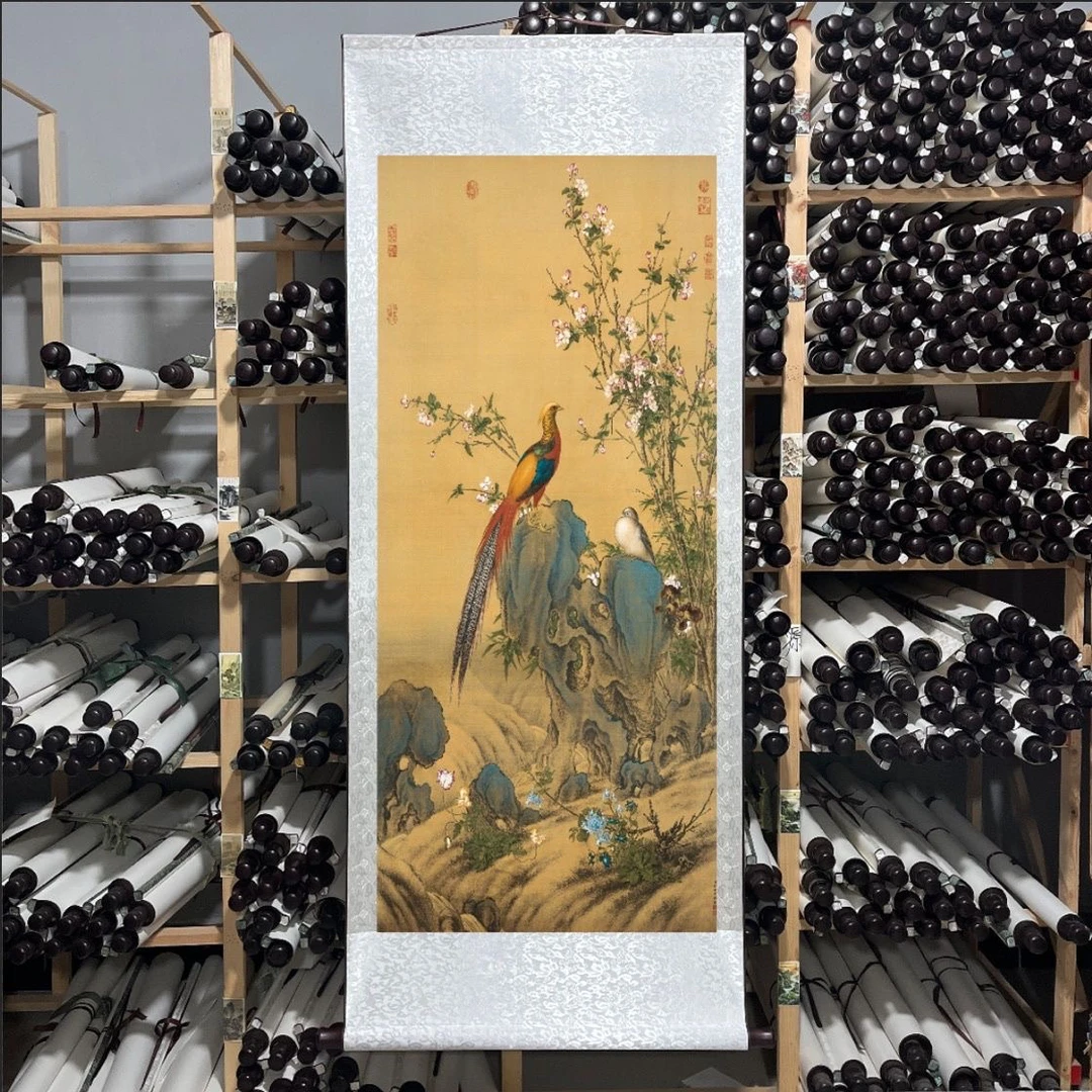 清郎世宁锦春图名人仿古字画复刻书房茶室中式装饰画竖卷轴画挂画