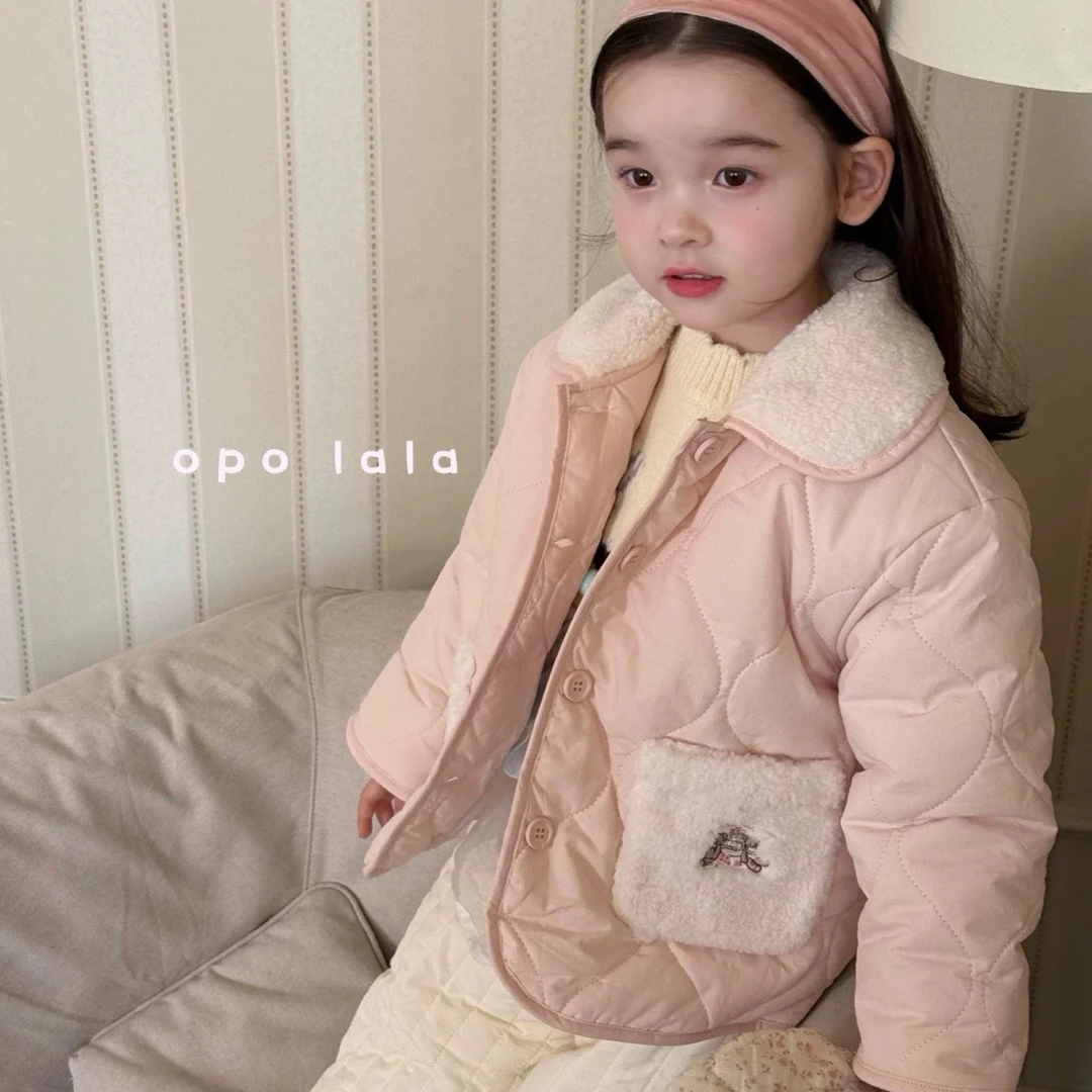 韩国童装秋冬新款女童小童韩版甜美毛毛翻领棉服外套卡通棉衣