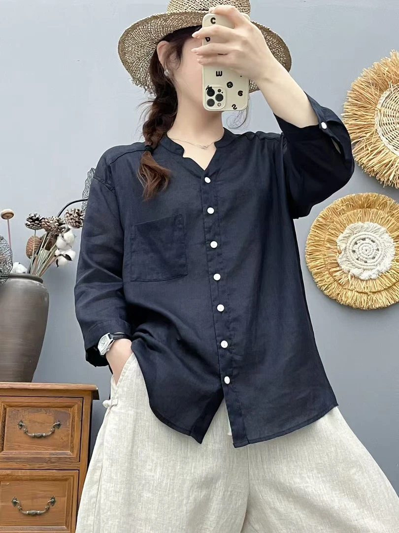 夏季薄款V领纯色苎麻女衬衫宽松轻薄透气百搭开衫上衣66123