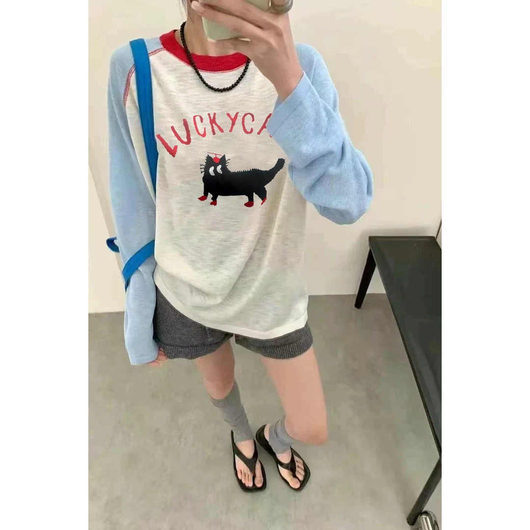 慵懒风「幸运猫」撞色防晒衫春拼接圆领宽松休闲百搭长袖T恤25028