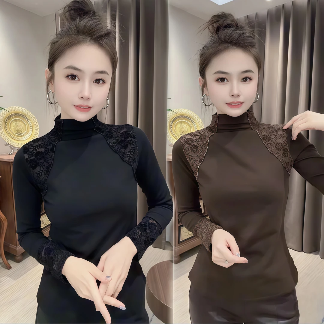 2025新款保暖内搭洋气半高领百搭上衣显瘦水绒蕾丝串珠慕斯绒T恤