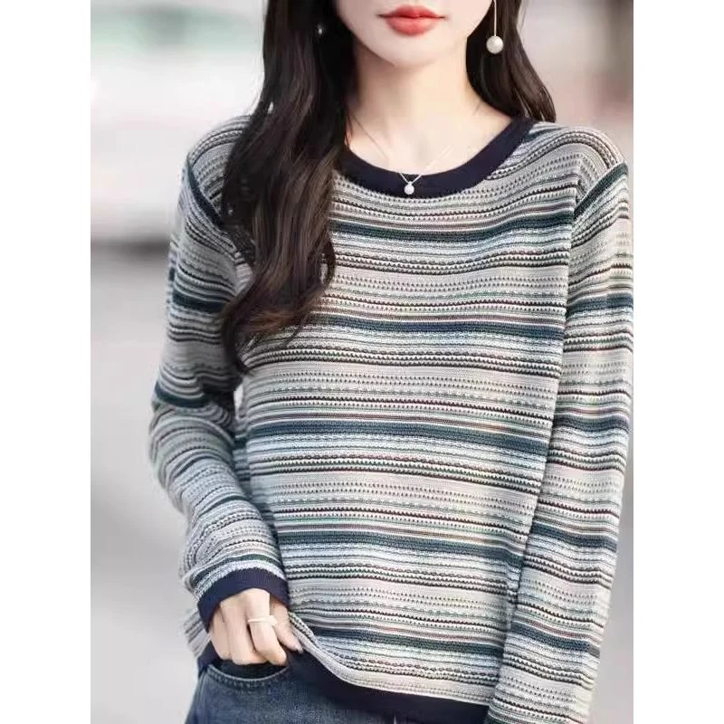 春秋100%棉条纹拼色毛衣女宽松圆领韩版针织长袖百搭内搭慵懒上衣