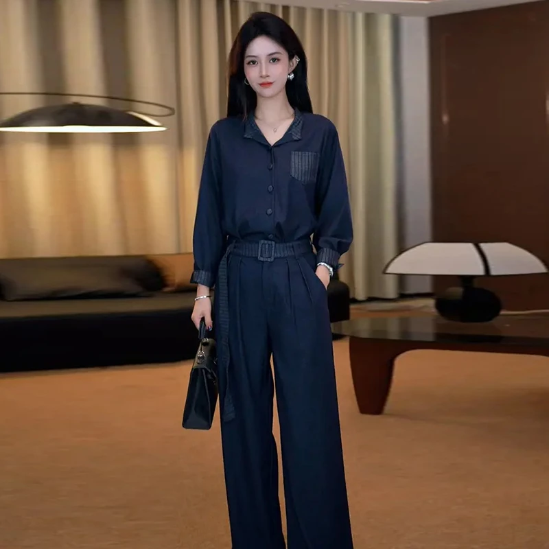 慵懒风时尚百搭套装女2025春秋新款宽松翻领长袖上衣阔腿裤两件套