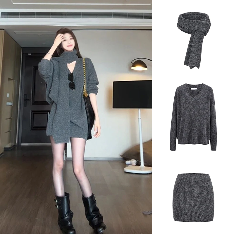 Moses Queen/魔西女王慵懒风针织衫上衣软糯毛衣围巾毛织短裙套装