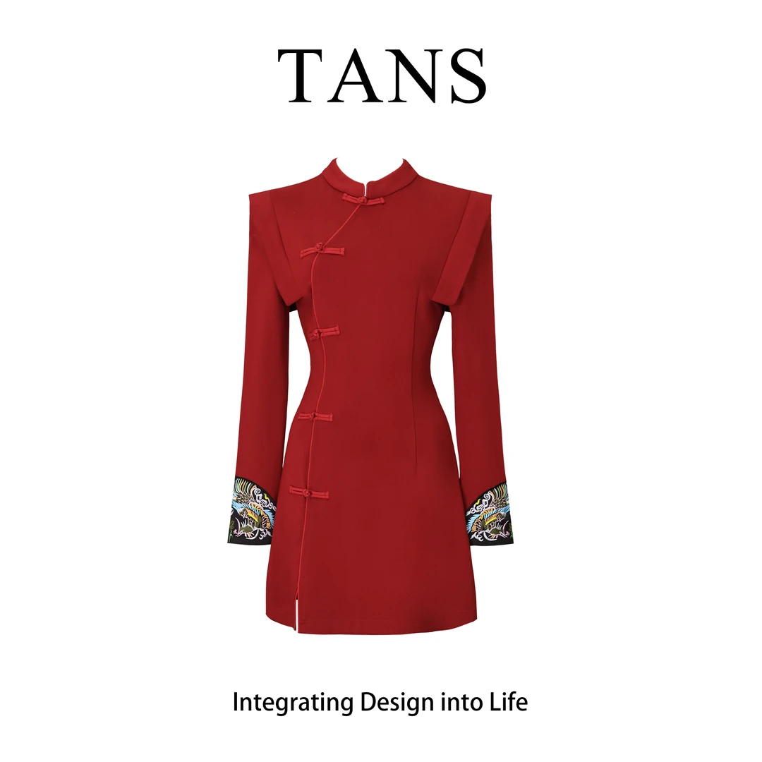 现货 TANS【秋季新品】新中式国风红色连衣裙秋季设计收腰气质短裙