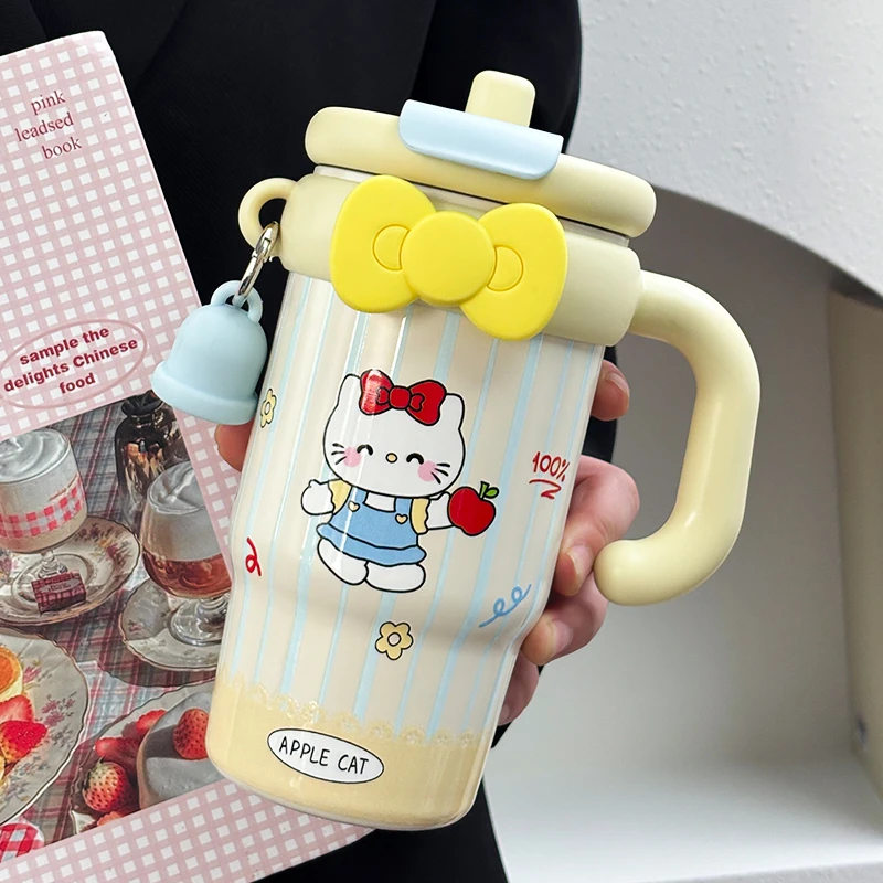 网红水杯卡通可爱少女风保温杯高颜值大容量带把手办公室陶瓷杯子