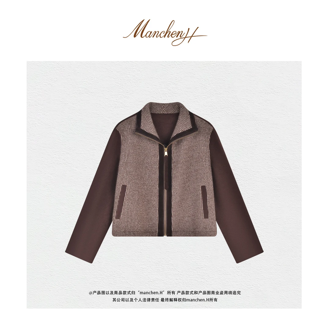 曼辰manchenh" 隐奢工坊"重磅针织拼羊绒羊毛桑蚕丝双面呢外套