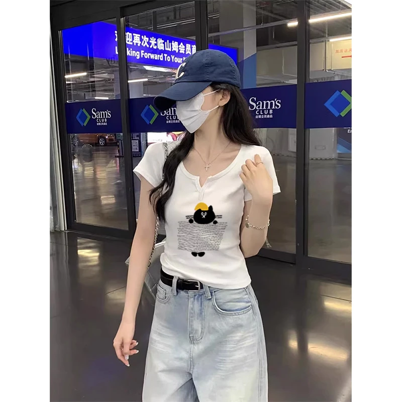 半开领设计感夏季2025年新款女装正肩短袖T恤女印花短款小衫上衣