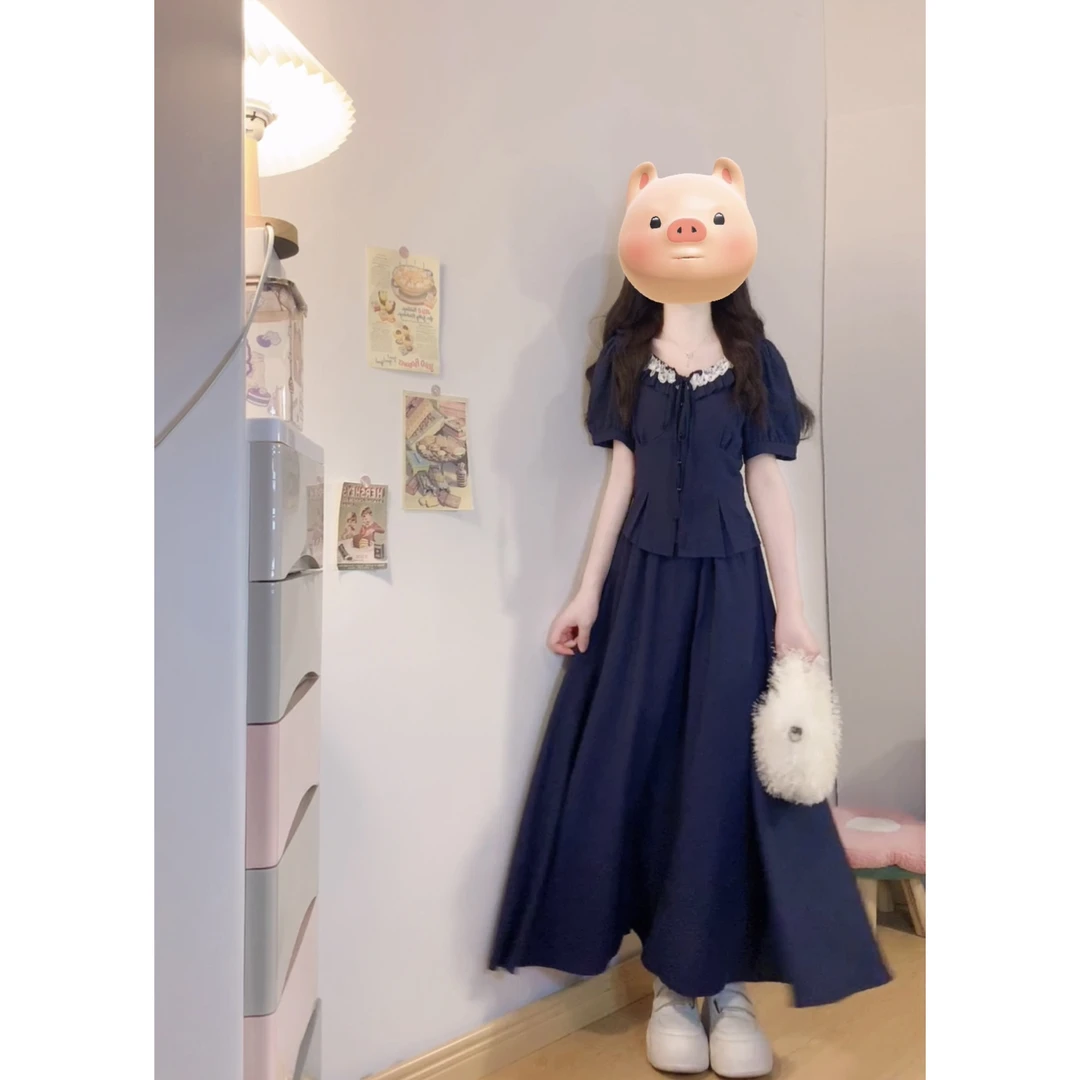 大码女装花边短袖a字半身裙两件套夏季新款胖mm显瘦搭配一整套装