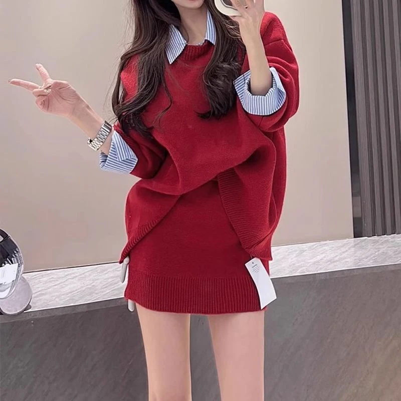【两件套】拼接衬衫领针织时尚高级显瘦假两件毛衣+高腰短裙套装