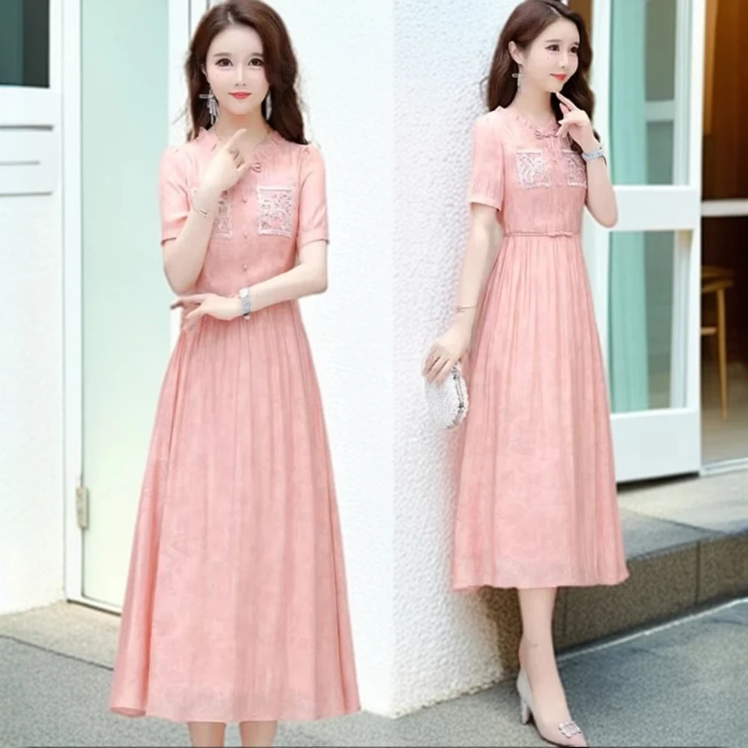 6312商场同款2025夏季新款木耳领优雅收腰女装过膝时尚洋气连衣裙